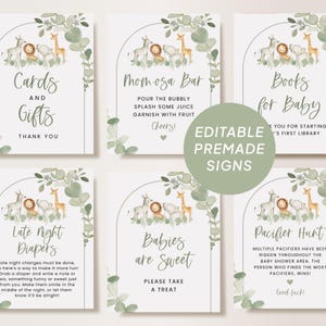 8 panneaux préfabriqués modifiables animaux de safari, animaux de la jungle, verdure d'eucalyptus, décoration baby shower, décoration de fête d'anniversaire, modèle d'enseigne