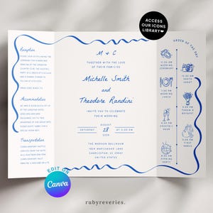 Hand Drawn Gatefold Invitation Template, Wedding Invitation Reception Card Wavy Blue, Whimsical Timeline Invite QR Code, Canva Edit W7