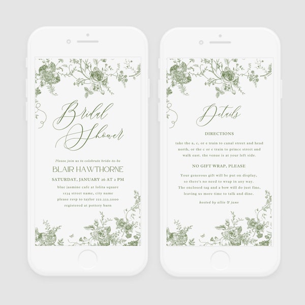 Editable Bridal Shower Electronic Invitation Template, Editable Wedding Shower Evite, Send via Text, Sage Green Vintage Floral, Chinoiserie