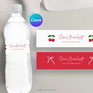 Cherry on Top Water Bottle Label EDITABLE TEMPLATE Cherry Bridal Shower Favor, Water Bottle Bands, Cherry Bachelorette Theme Red Canva, C27