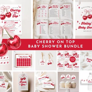 Cherry on Top douche complete bundel, coquette roze strik, uitnodigingssjabloon, bewerkbare babyshowerspelletjes, welkomstbord, tag, plaatskaart