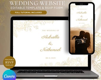 Golden Wedding Website Invitation Template with RSVP: Editable Invite, Custom Website Canva (Digital Download)