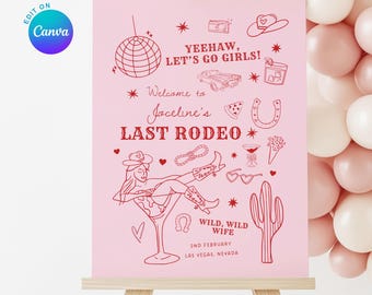 Modello per cartello di benvenuto per festa a tema cowgirl: addio al nubilato a tema "Last Rodeo", modificabile su Canva (download digitale)