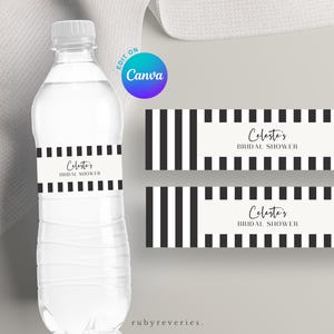 May include: A clear plastic water bottle with a white cap and a label that reads "Celeste's Bridal Shower." The label has a black and white striped design. Two additional labels with the same design are also visible.