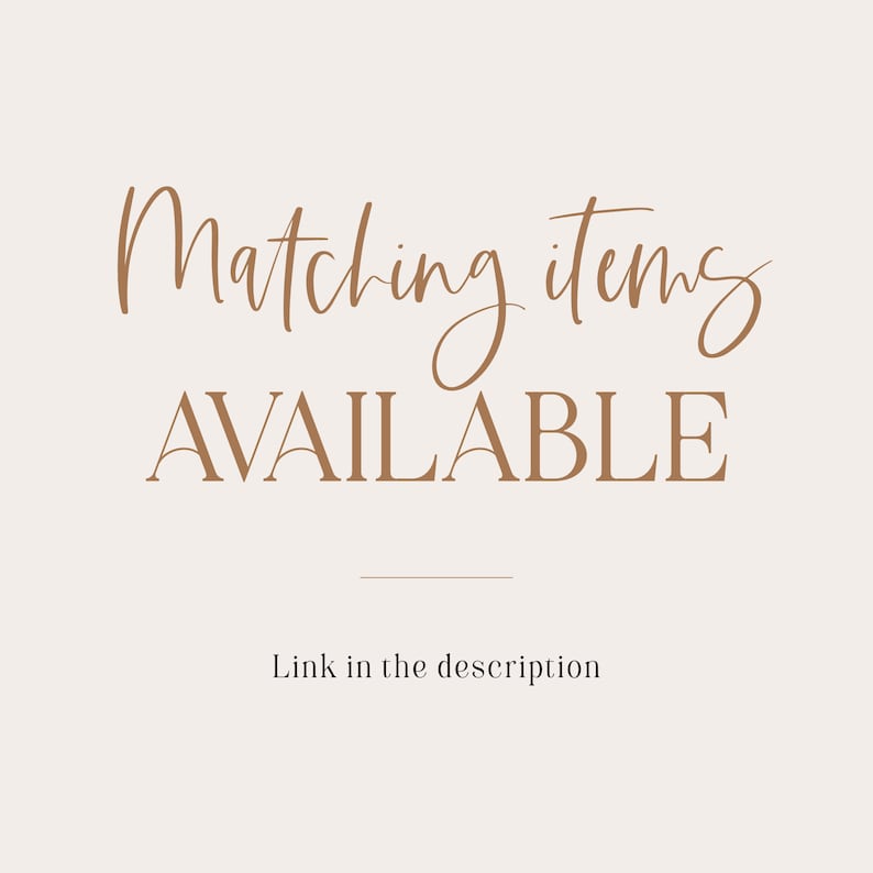 Op de afbeelding: Tekstafbeelding met de woorden "Matching items AVAILABLE" in bruine tekst op een licht beige achtergrond. De tekst "Link in the description" staat onder de hoofdtekst.