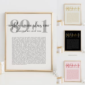 May include: A framed print with the text "eighty-nine plus one reasons we love you" in a stylish font. The print is in a gold frame, with a list of reasons in a readable font. Additional prints in gold, black, and pink are also shown.
