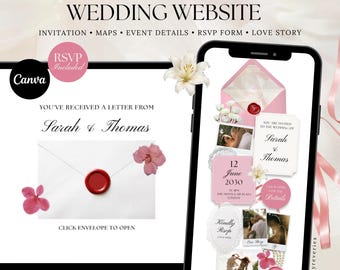 Wedding Website Template with RSVP Form: Editable Invitation, Custom Canva, Pink Floral (Digital Download)