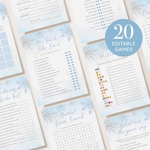 Può includere: Una collezione di 20 giochi modificabili per addio al nubilato a tema invernale. I giochi presentano un design a fiocco di neve blu chiaro e bianco. I giochi includono "He Said, She Said", "Bridal Word Search" e "What Did the Groom Say?"