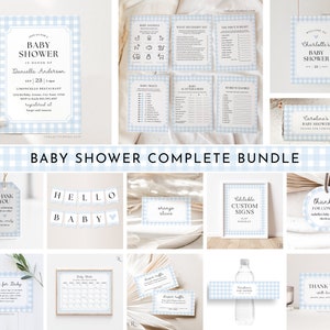 Blue Gingham Baby Shower Complete Bundle, Invitation Bundle, Editable Baby Shower Games, Welcome Sign Template, Tags, Labels, Place Card