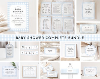Blue Gingham Baby Shower Bundle: Editable Invitation, Games (Digital Download)
