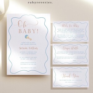 Baby Shower Invitation Whimsical Suite Bundle, Hand Drawn Invite Wavy Frame Editable Baby Brunch, Books for Baby, Diaper Raffle Template, Y4