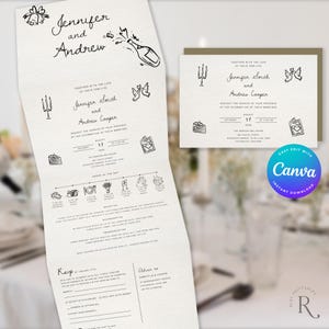 May include: A wedding invitation with a white background and black text. The invitation features a simple design with a few hand-drawn illustrations. The text includes the names "Jennifer Smith" and "Andrew Cooper", the date "August 17, 2020", and the time "at 5:00 PM".