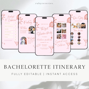 Puede incluir: Un itinerario de despedida de soltera rosa y naranja con un gráfico de bola de discoteca. El itinerario incluye una lista de presupuesto y gastos, un horario para el viernes, una invitación a una fiesta de pijamas, un viaje a Santa Mónica, California, y una lista de equipo de novia.