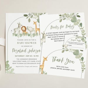 Lot d'invitations modifiables pour baby shower animaux de safari, invitation baby shower jungle, verdure, un petit sauvage est en route, eucalyptus