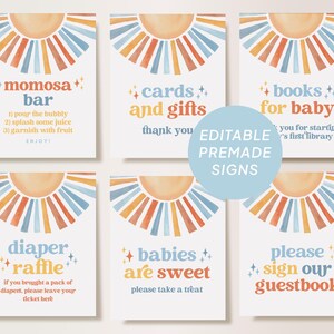 Here Comes the Son bewerkbare aangepaste borden, babyshower decor, Sunshine Flowers tekensjabloon, gunstbord, bord gastenboek, kaarten + cadeaubord