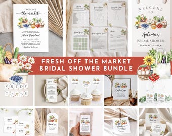 Fresh Off the Market Bridal Shower Bundle: Invitation, Games, Sign, Decor (Canva Templates, Digital Download)