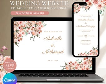 Wedding Website Invitation Template with RSVP: Editable Custom Website, Rose Flower Pink