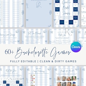 Pode incluir: Uma coleção de jogos imprimíveis para despedida de solteira com fundo listrado azul e branco. Os jogos incluem "Match the Disney Love Songs", "Fill the Blank", "Gisele's Bridal Shower" e "Wedding Vow Mad Libs". O texto diz "60+ Bachelorette Games".