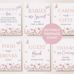 Cartelli modificabili per baby shower con farfalle e fiori selvatici, lotteria dei pannolini, libri, regali, bomboniere, bar Mimosa, i bambini sono dolci, decorazioni per addio al nubilato