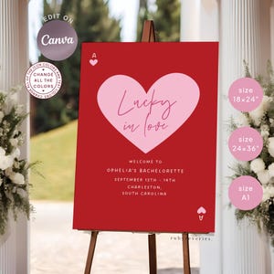 Welcome Sign Template Lucky in Love Bachelorette Party Entrance Sign, Pink Red Heart Bridal Shower Welcome Banner, Vegas Editable Canva, C31