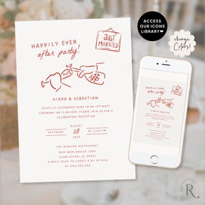 以下が含まれることがあります： 「Just Married」と書かれた看板を2つの手で持っている手書きのイラストが描かれた、赤と白の結婚式の二次会招待状。招待状には、カップルの名前、日付、時間、場所が記載されています。「Happily Ever After Party!」というテキストは、遊び心のあるフォントで書かれています。