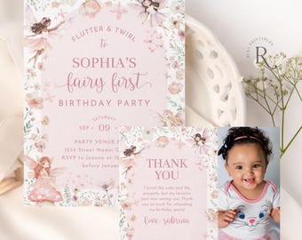Editable Fairy First Birthday Invitation Bundle, Invite Template and Thank You Card Photo, Fae Kingdom, Enchanted Forest, Whimsical Garden
