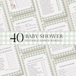 Editable Baby Shower Games Bundle, Sage Green Gingham, DIY Printable Games, Editable Games Templates, Mommy or Daddy, Would She Rather