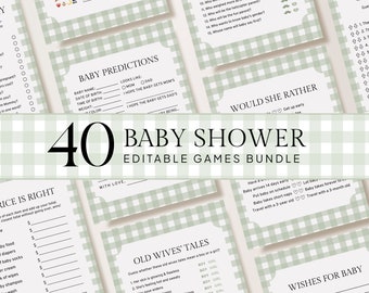 Editable Baby Shower Games Bundle, Sage Green Gingham, DIY Printable Games, Editable Games Templates, Mommy or Daddy, Would She Rather
