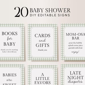 20 redigerbara salviagröna gingham-skyltar för babyshower, paket med festskyltar, paket med babyshowerskyltar