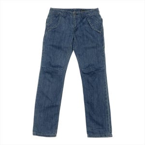 May include: A pair of blue denim jeans featuring a mid-rise waist, a button and zipper fly closure, and two distinct triangular-shaped front pockets with stitched detailing. The pants have a straight-leg cut with visible knee seam construction.