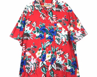 Vtg Evergreen Island Aloha Parrot Floral Hawaiian Tropical Shirt Size 2XL