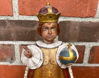 Vintage 12 1/4” Carved Wood Infant Of Prague Religious Statue Made In Italy L0224C200