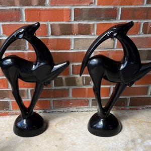Pair Of Huge 21&quot; Vintage MCM Mid-Century Modern Royal Haeger Black Gazelle Pottery Statues L0425C225