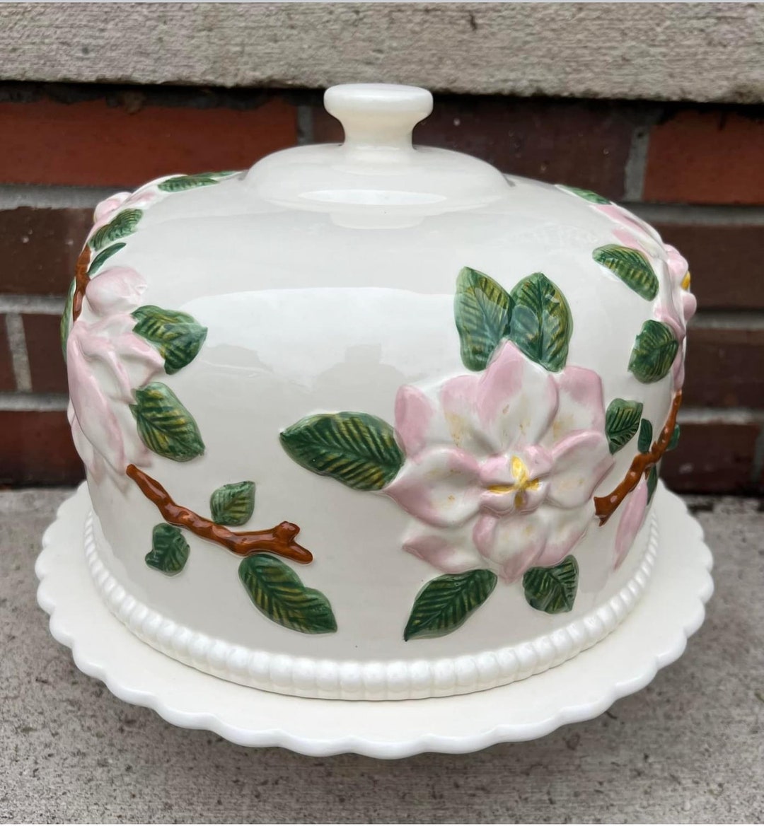 Vintage Ceramic Pink & White Magnolias Footed Cake Stand With Dome