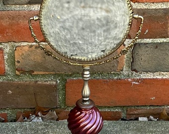 Antique  Floral Metal & Iridized Burgundy Glass Double Sided Dressing Table Mirror L0424