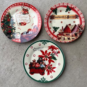 Conjunto de 3 pratos de Natal com colagem de cartões postais vintage em argila L1123C25