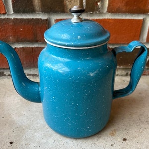 Antique Victorian Robin Egg Blue With White Speckled  Enamelware Graniteware 8 Cup Teapot  L1123C65
