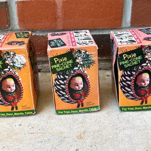 Set Of 3 Vintage MCM Pixie Pine-Cone Sachet Christmas Ornaments In Box Hong Kong LM0426