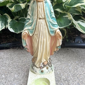 Vintage Chalkware Columbia Statuary #113 10&quot; Miraculous Virgin Mary Altar Candleholder Religious Statue