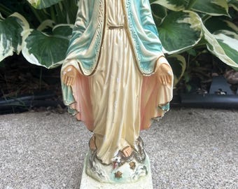 Vintage Chalkware Columbia Statuary #113 10&quot; Miraculous Virgin Mary Altar Candleholder Religious Statue