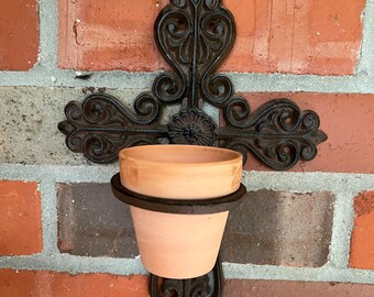 9 7/8&quot; Vintage Style Faux Rusty Finish Cast Iron Wall Hanging Crucifix Cross Mini Pot Holder L0924C22