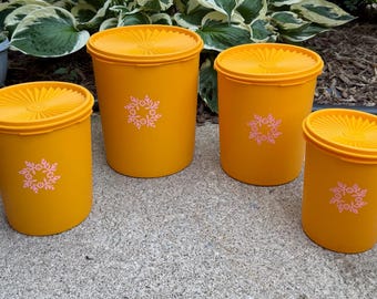 4Pc Vintage MCM Mid-Century Modern Tupperware Sevalier Canister Set Harvest Yellow With Pink Wreaths L0626