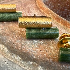 Vintage Mid-Century Modern Gold-Tone & Green Agate Double Cylinder Men's Cuff Links Cufflinks Tie Tack Sterling T2 L1023C28