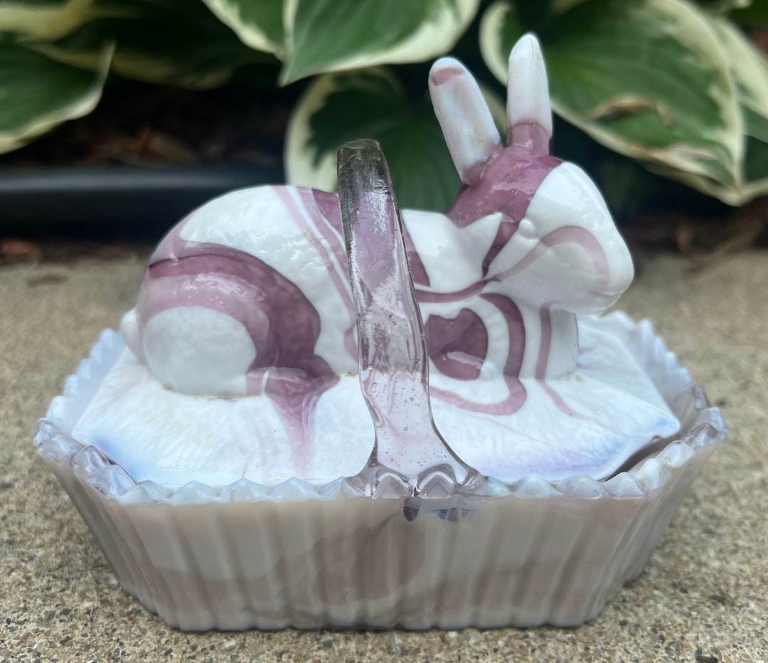 Antique Purple Slag Glass Rabbit Bunny on A Picket Fence Covered Basket ...