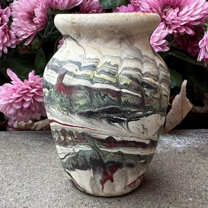 Vintage Nemadji Pottery Green Burgundy Yellow Black Swirl 3 1/3" Cabinet Mini Vase