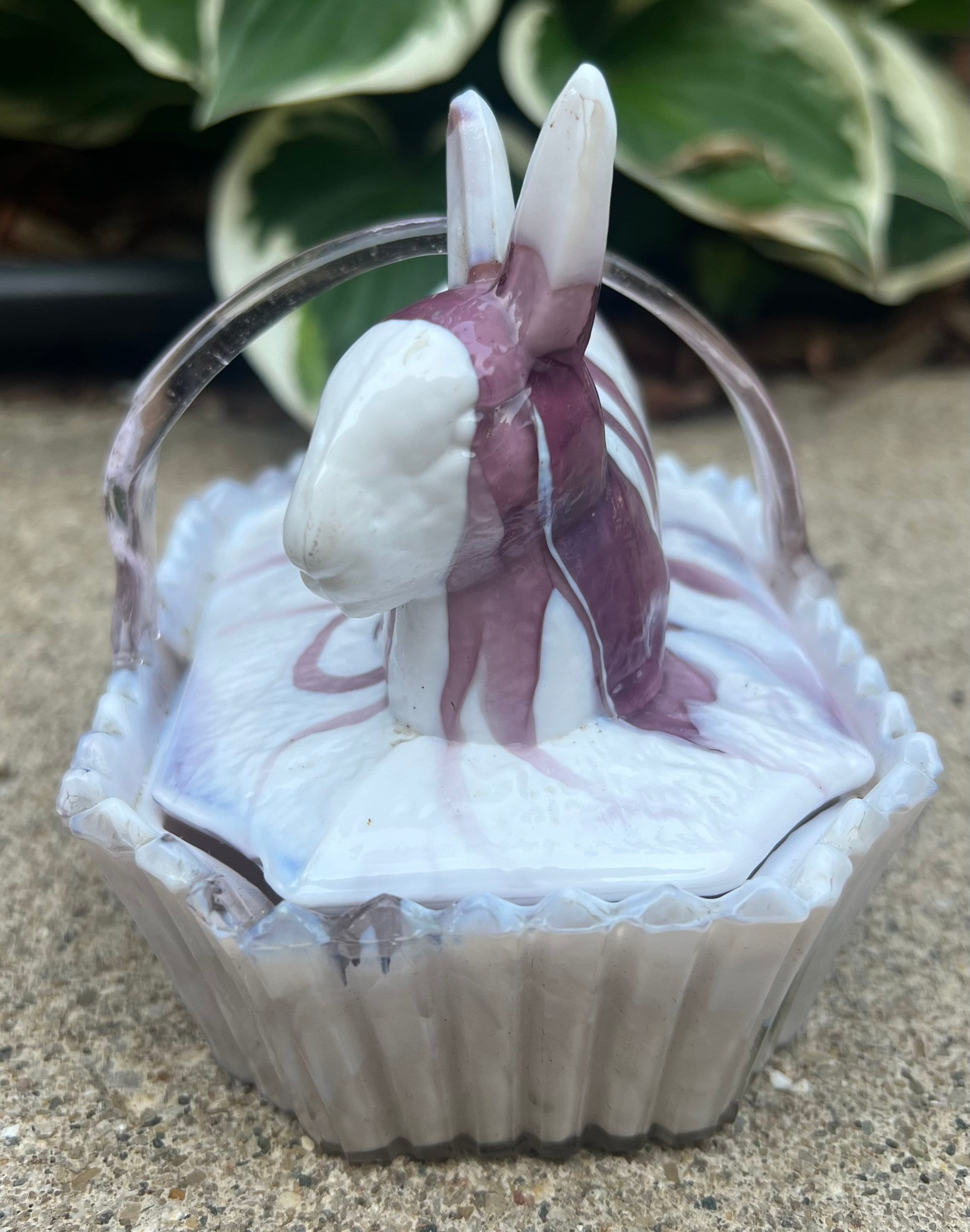 Antique Purple Slag Glass Rabbit Bunny on A Picket Fence Covered Basket ...