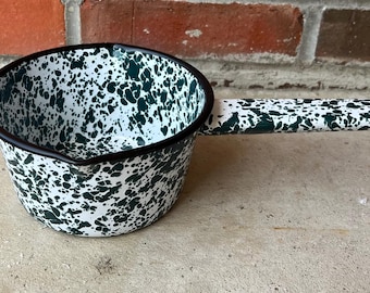 Vintage Dark Teal Green Spattered Enamel Enamelware Granite Graniteware 3 Qt Double Spout Sauce Pan L0325C24