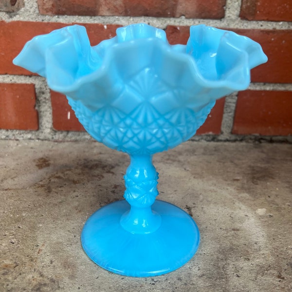 Vintage Fenton Olde Virginia Glass OVG Turquoise Milk Glass Fine Cut & Block Ruffled Footed 6” Compote L0224