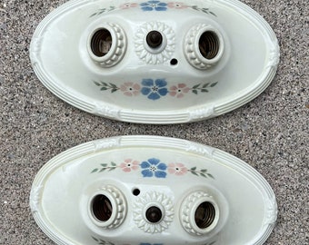Peut inclure: Deux luminaires ovales blanc cassé. Chaque luminaire comporte deux douilles et est orné de motifs floraux roses et bleus. Les luminaires ont une bordure décorative et cannelée.