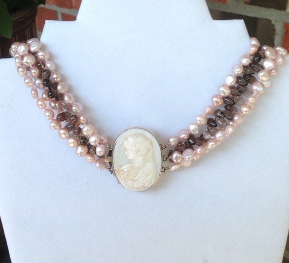 Vintage Four Strand Pink Freshwater Pearl And Smo… - image 1